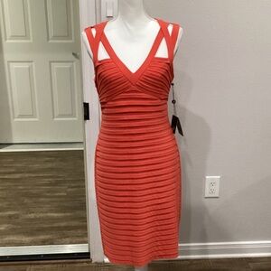 New Adrianna Papell Red Orange Banded Cut-Out Shoulder Dress Size 6 (Item#D012)